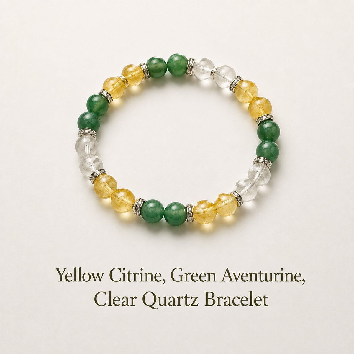Education Success and Mental Clarity Crystal Bracelet having Yellow Citrine, Green Aventurine, and Clear Quartz