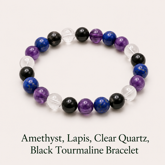 Education and Stress Control Bracelet having Amethyst, Lapis, Clear Quartz and Black Tourmaline