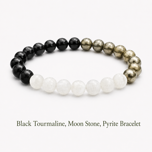 Black Tourmaline, Moon Stone, Pyrite Bracelet for Protection, Balance and Missing Number 2, 6 and 8