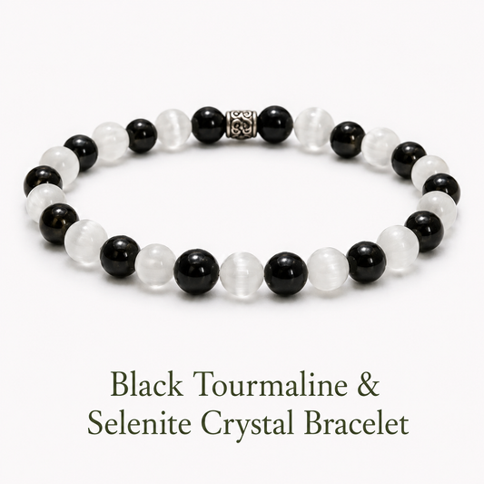 Black Tourmaline & Selenite Crystal Bracelet to protect evil eye, negative energy and bring clarity