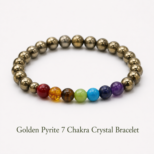 Golden Pyrite 7 Chakra Crystal Bracelet to Inspire Motivation and Ambition